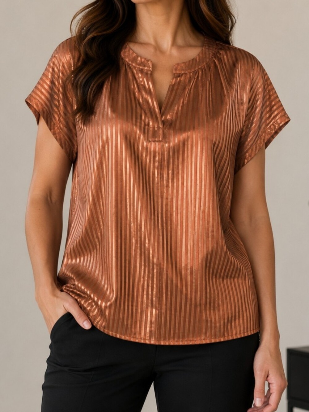 Liz Claiborne Copper-Striped Short Sleeve Blouse